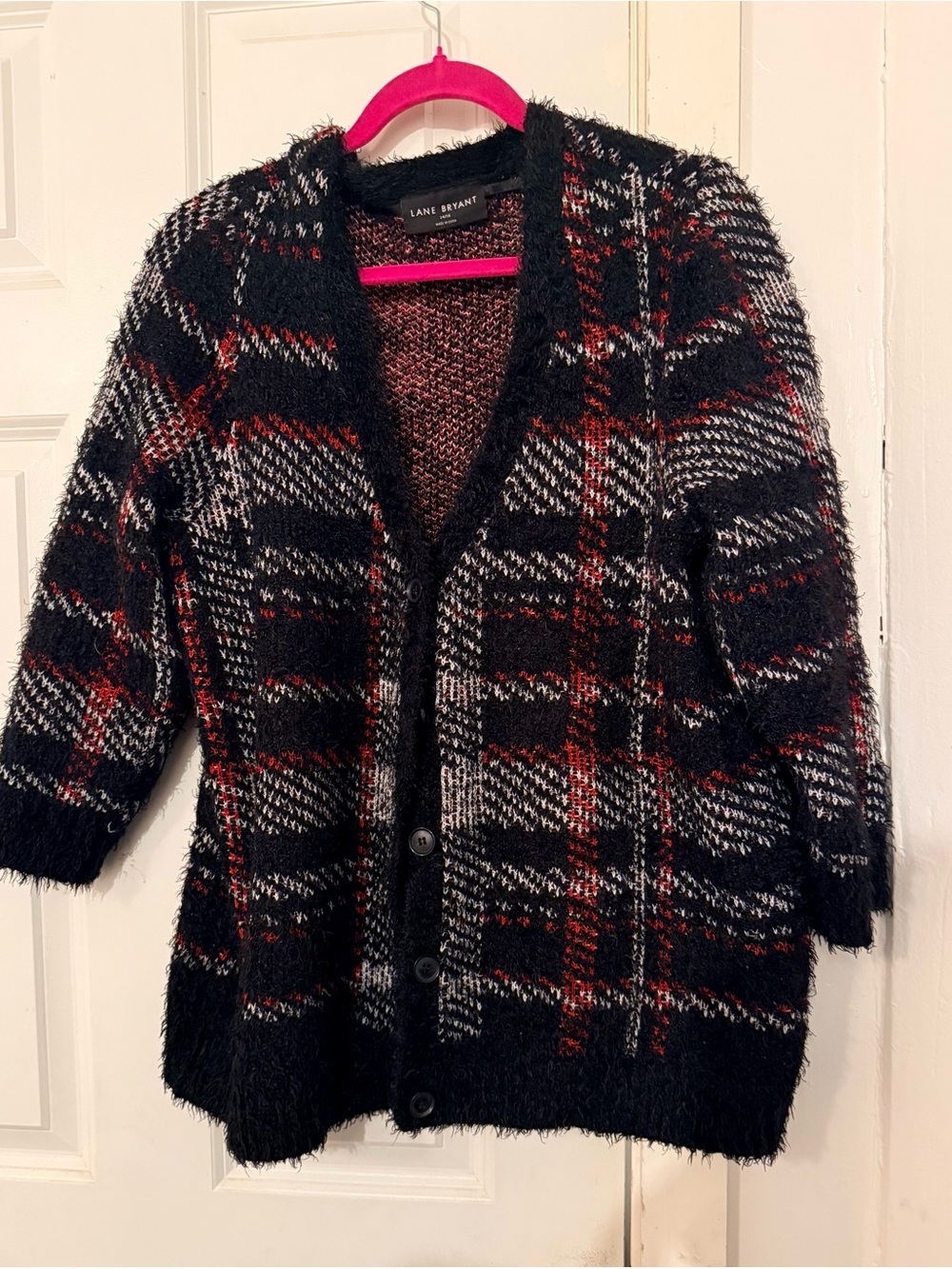 Lane Bryant Black Red White Plaid Fuzzy Button-Front Cardigan